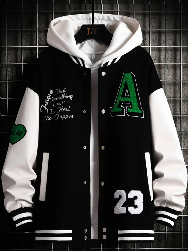 Men's Stand Collar Casual Loose Sports Jacket Color Block "A" Letter Embroidery Button Pocket Coat Top Clothes