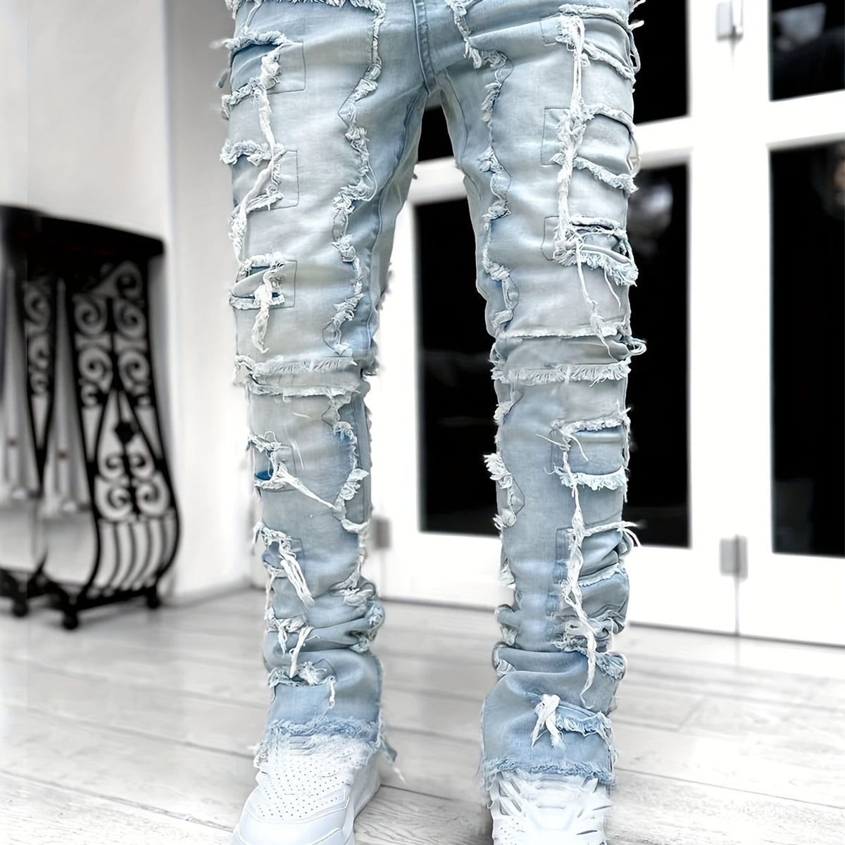 Creative Tassels Decoration Straight Fit Jeans, Men's Casual Medium Stretch Street Style Denim Pants For All Seasons