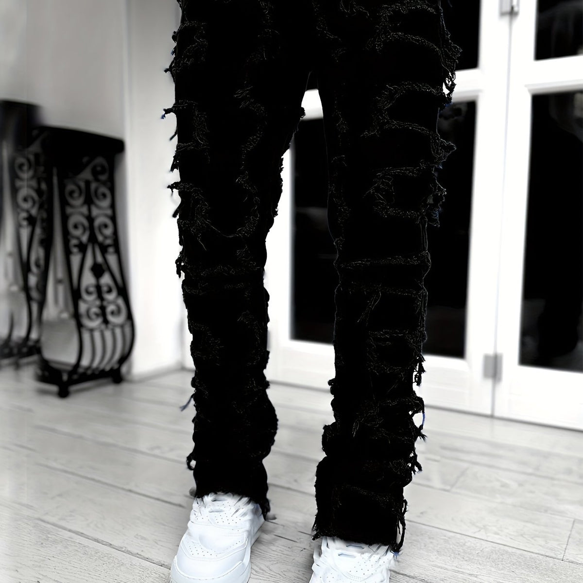 Creative Tassels Decoration Straight Fit Jeans, Men's Casual Medium Stretch Street Style Denim Pants For All Seasons