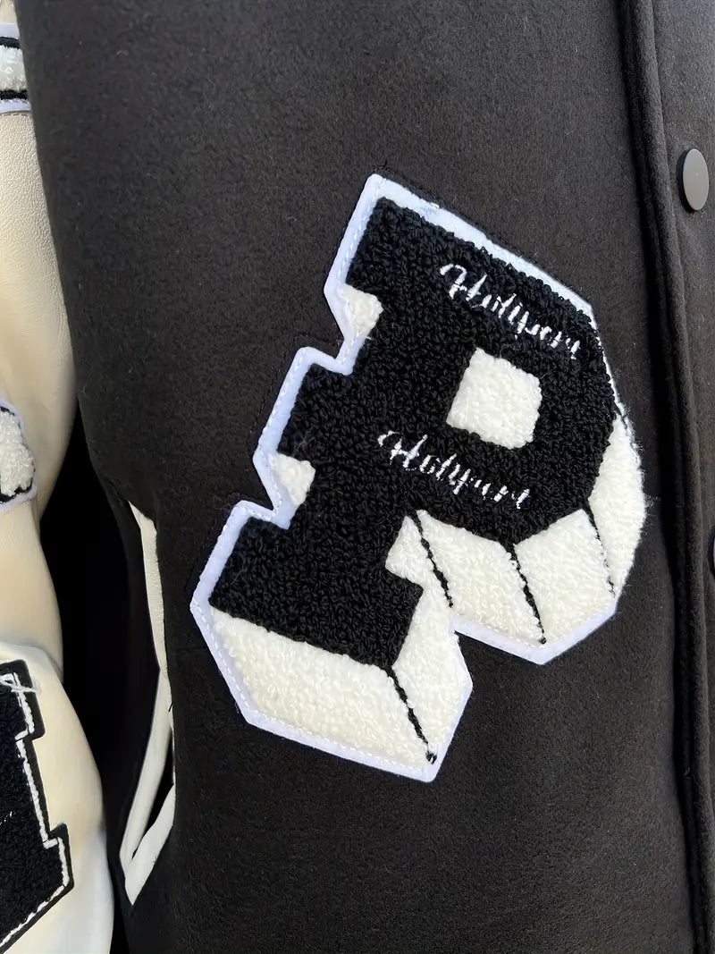 Fabric Stitch Varsity Jacket, Men's Casual Color Block Button Up Jacket For Spring Fall School Baseball