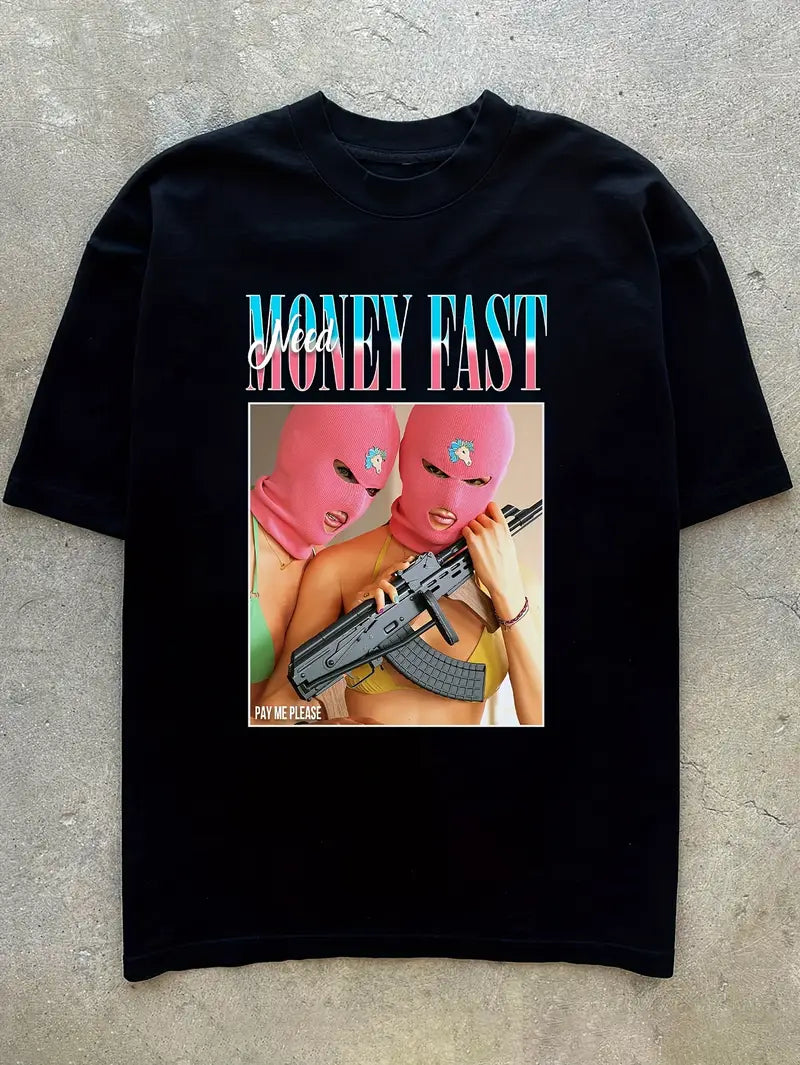 MONEY FAST Street Style Pattern Men's T-shirt For Summer Outdoor, Chic Male Clothing, Gift For Men
