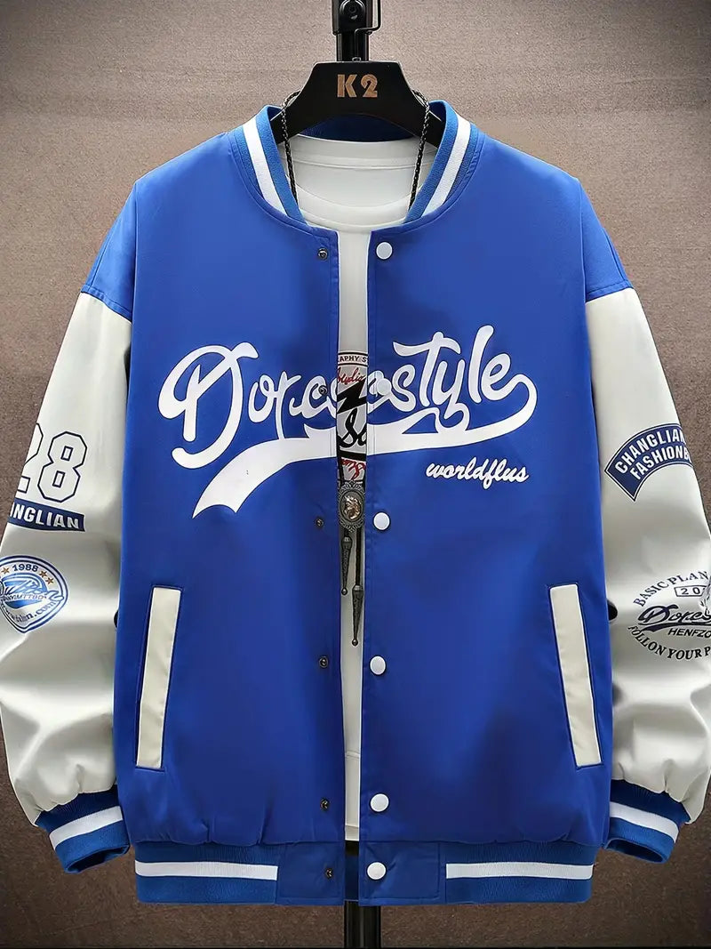 Letter Print Color Block Varsity Jackets, Men's Casual Baseball Collar Jacket Coat For Spring Fall