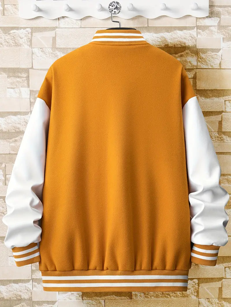 Men's Stand Collar Casual Loose Sports Jacket Color Block "A" Letter Embroidery Button Pocket Coat Top Clothes