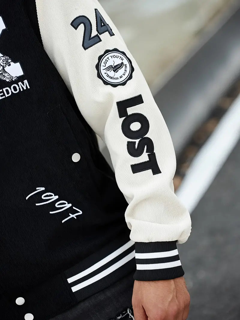 Men's Casual Letter Print Color Block Jacket, Chic Button Up Baseball Collar Varsity Jacket