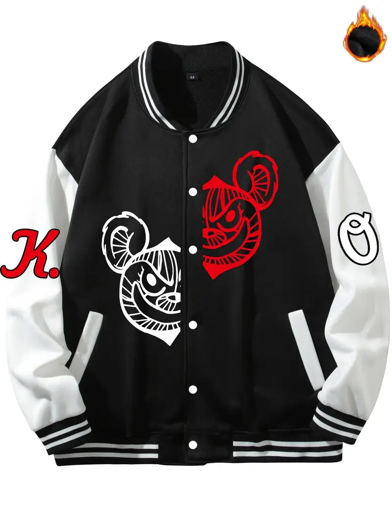 Bear Graphic Print Men's Casual Relaxed Fit Color Block Baseball Jacket Gifts