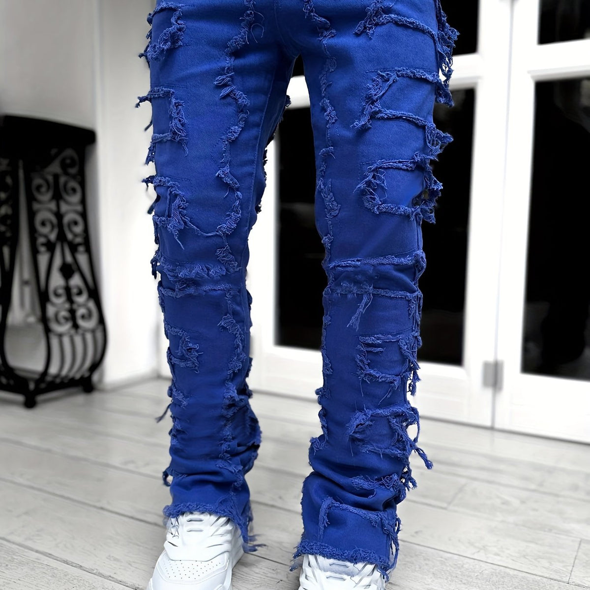 Creative Tassels Decoration Straight Fit Jeans, Men's Casual Medium Stretch Street Style Denim Pants For All Seasons