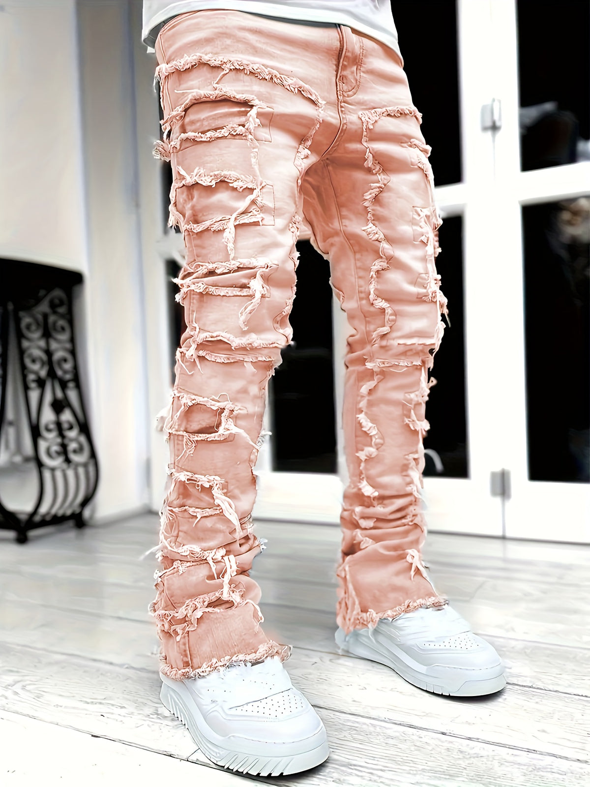Men's Casual Raw Trim Jeans, Street Style Stretch Hip Hop Skinny Denim Pants