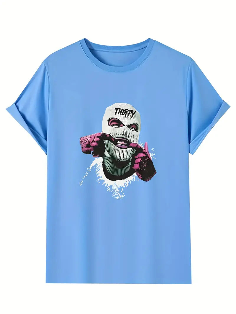 Masked Man Print, Men's Graphic T-shirt, Casual Comfy Tees For Summer, Mens Clothing