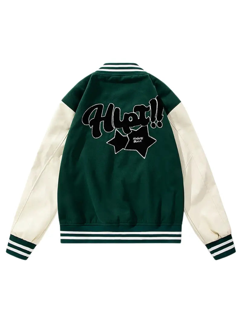 Fabric Stitch Varsity Jacket, Men's Casual Color Block Button Up Jacket For Spring Fall School Baseball