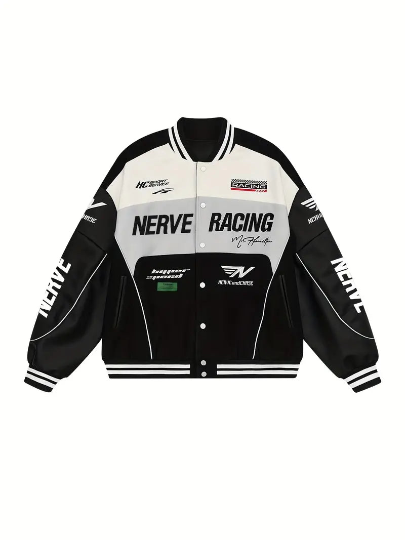 Letter Embroidery Color Block PU Jacket, Stylish Baseball Collar Biker Jacket Varsity Jacket