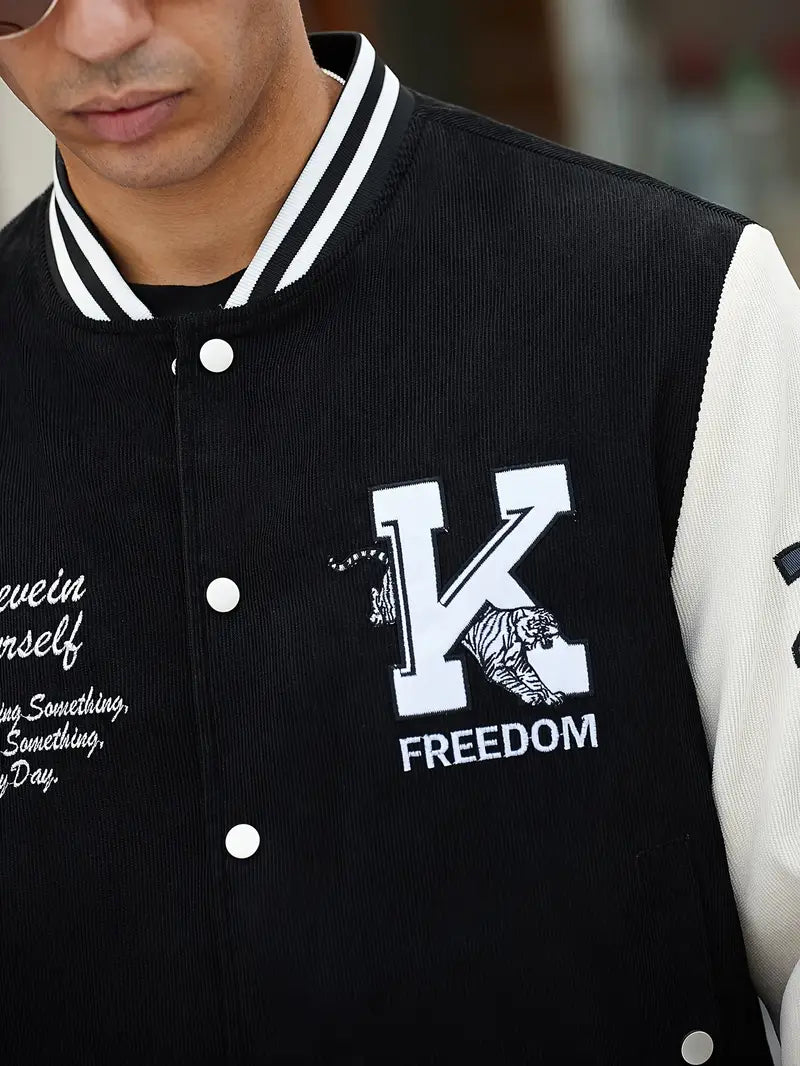 Men's Casual Letter Print Color Block Jacket, Chic Button Up Baseball Collar Varsity Jacket